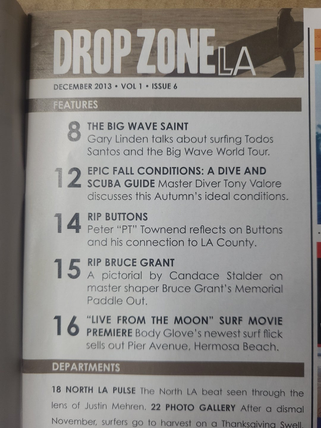 Drop Zone LA Surf Magazine Dec 2013 - Buttons Trubute, Bruce Grant, Gary Linden